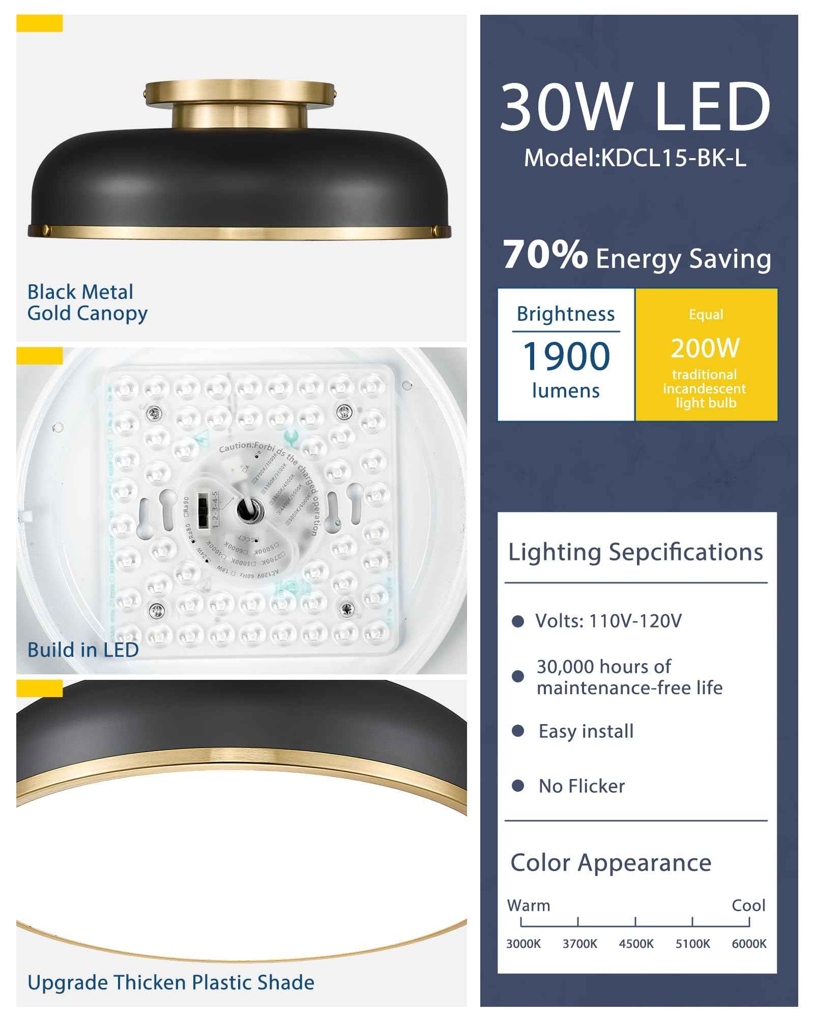 kudos Ceiling Light, 16-inch LED Flush Mount Ceiling Light, Black and Gold Finish, 30W/1900lm Light Fixtures Ceiling Mount for Bedroom,Hallway, 3000K/3700K/4500K/5100K/6000K Adjustbale, KDCL15-BK-L