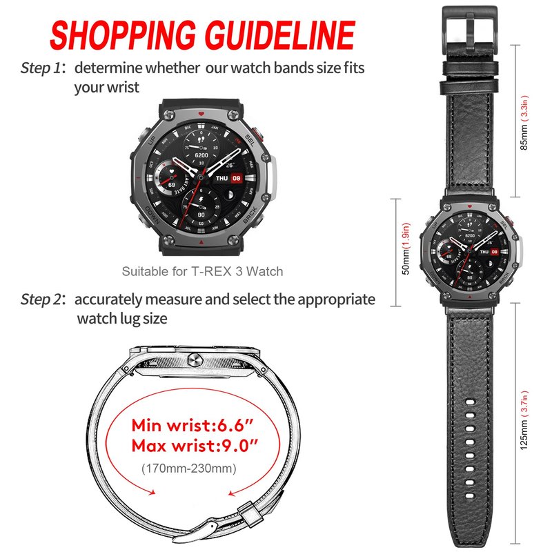 SMITHA Genuine Leather Watch Band Compatible with Amazfit T-Rex/T-Rex PRO/T-Rex 2/T-Rex 3/T-Rex 3 PRO 48mm, Rugged Strap with Precision Stitching & Ventilation Holes, Comfortable Wristband for Men