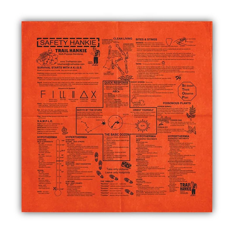 Trail Hankie Safety Bandana – Hiking & Camping Survival Bandana, Emergency Outdoor Knowledge, 100% Cotton, Made in USA, Machine Washable, Orange