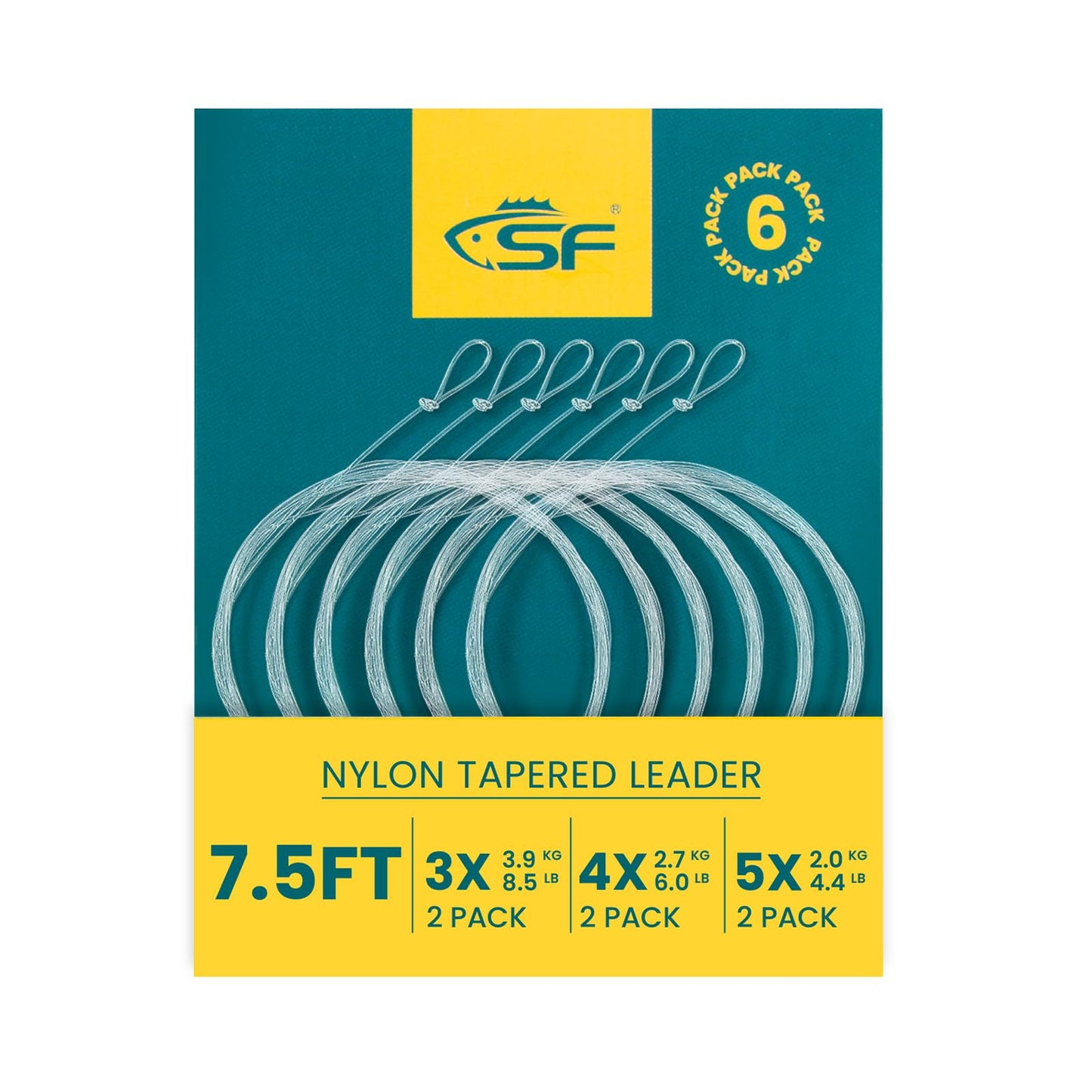 SF 6 Packs Pre-Tied Loop Fly Fishing Tapered Leader Nylon Nylon 7.5FT-345X