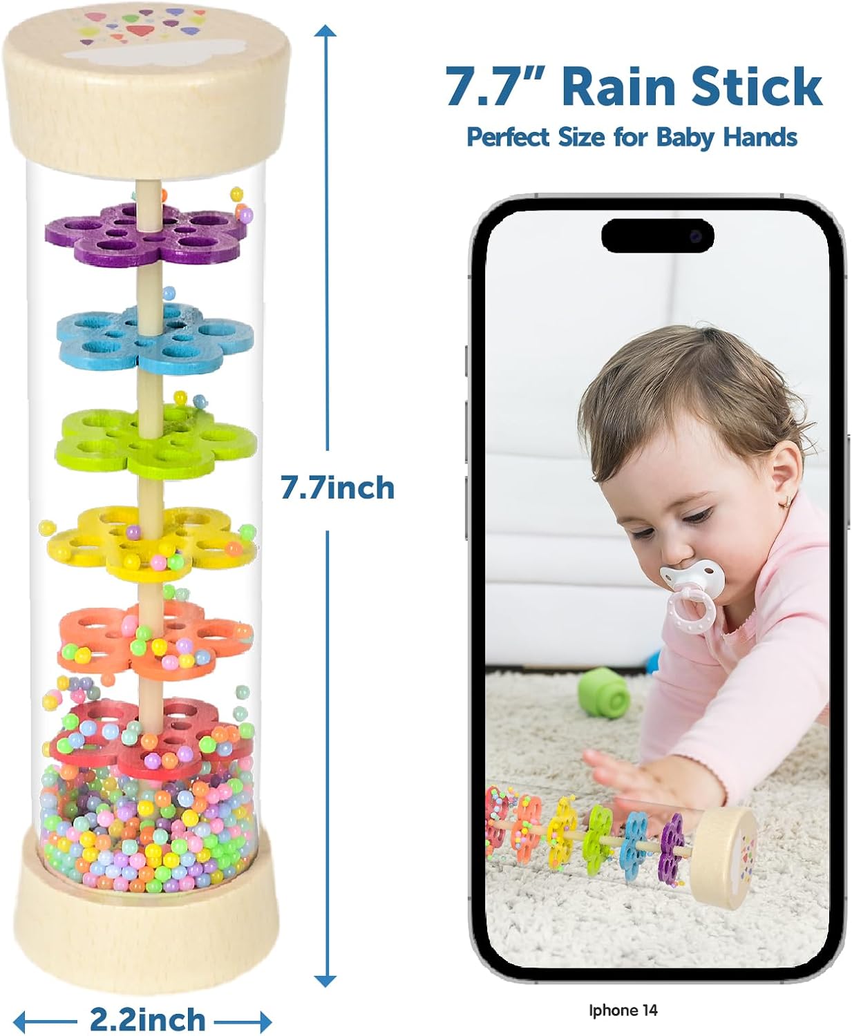 Montessori Rain Stick | Wooden Sensory Baby Rattle - Musical Toy for Infants 6-12 Months, 7.7”
