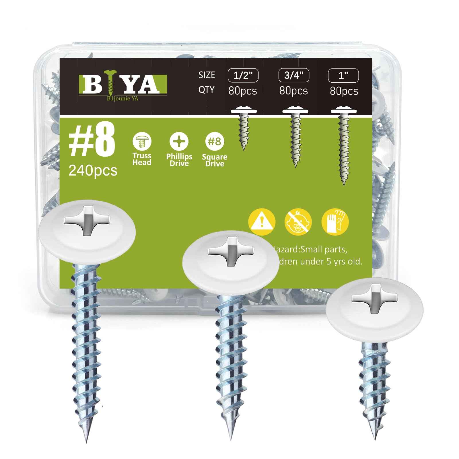 White Head Screws,240pcs #8 Thread Truss Head Fast Self Tapping White Pan Cabinet Screws Wood Work for Wall Plates, 1/2 Inch, 3/4 Inch, 1 Inch