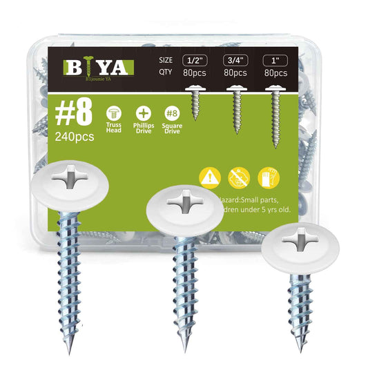 White Head Screws,240pcs #8 Thread Truss Head Fast Self Tapping White Pan Cabinet Screws Wood Work for Wall Plates, 1/2 Inch, 3/4 Inch, 1 Inch