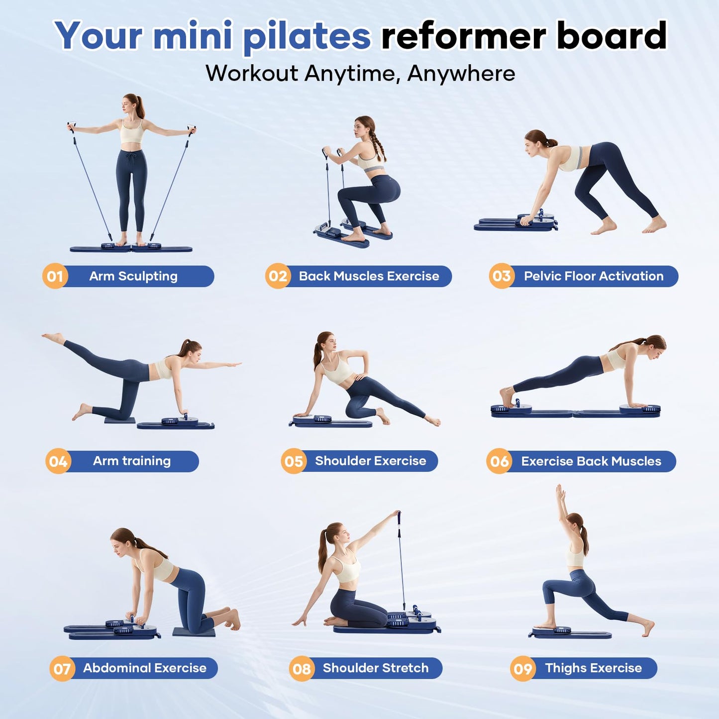 BIOCOR Pilates Reformer Board, 15-in-1 Mini Pilates Machine Set, Multifunctional & Foldable Core Exercise Ab Board, Portable Pilates Board for Home Office Workout Equipment