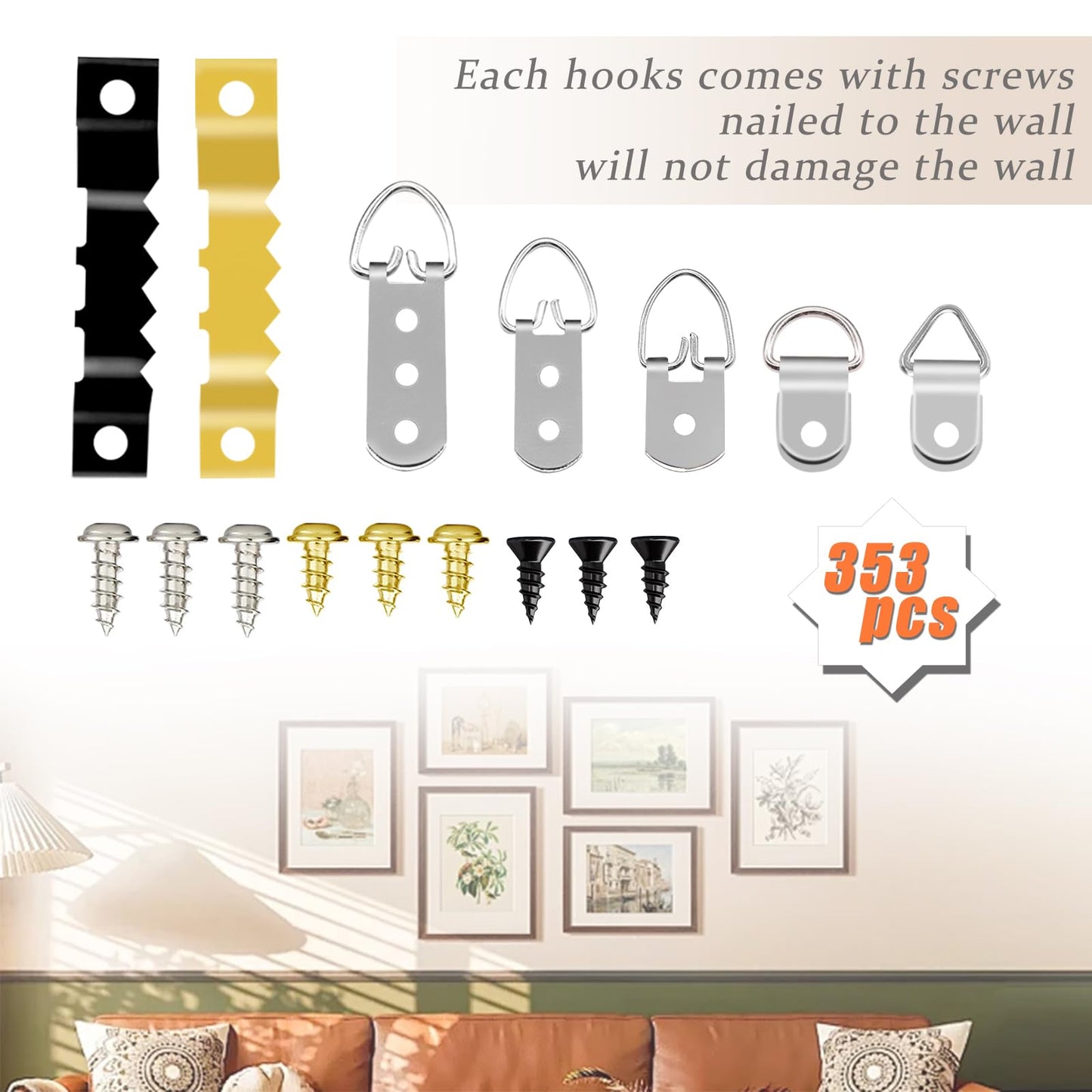 Dianrui 353PCS Picture Hanging Kit with Screws, Saw-Tooth, D Ring Picture Hangers Assortment, Picture Hanging Hardware Tool for Frame Hanging - 7 Models