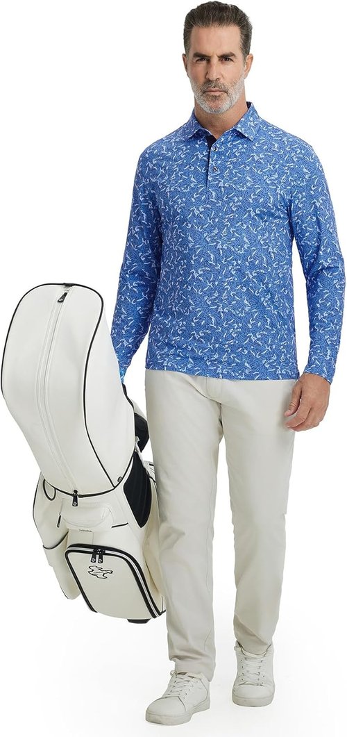 M MAELREG Golf Shirts for Men - Moisture-Wicking Dry Fit Long Sleeve Polo | Casual Print Design