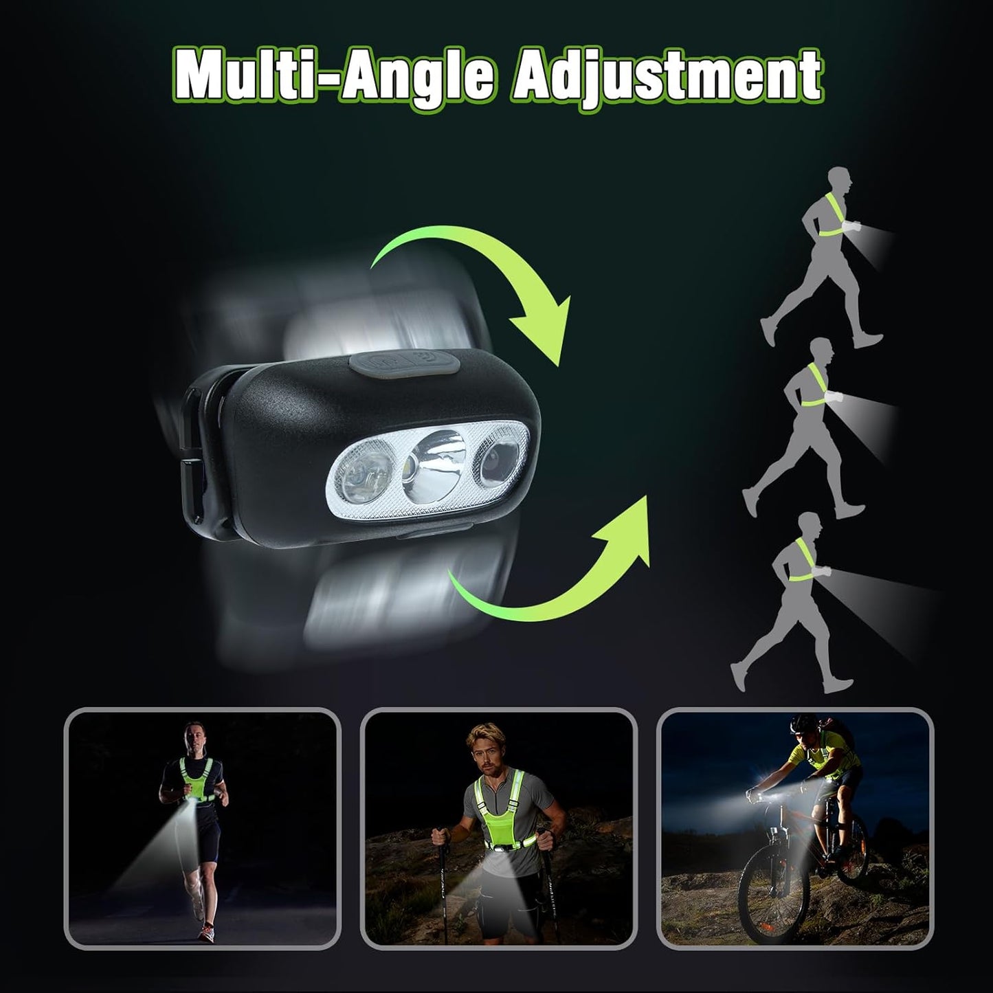 Skiennix Reflective Running Vest - 3-Mode Motion Sensor Lights | 360° Visibility & Storage Pocket (Green)