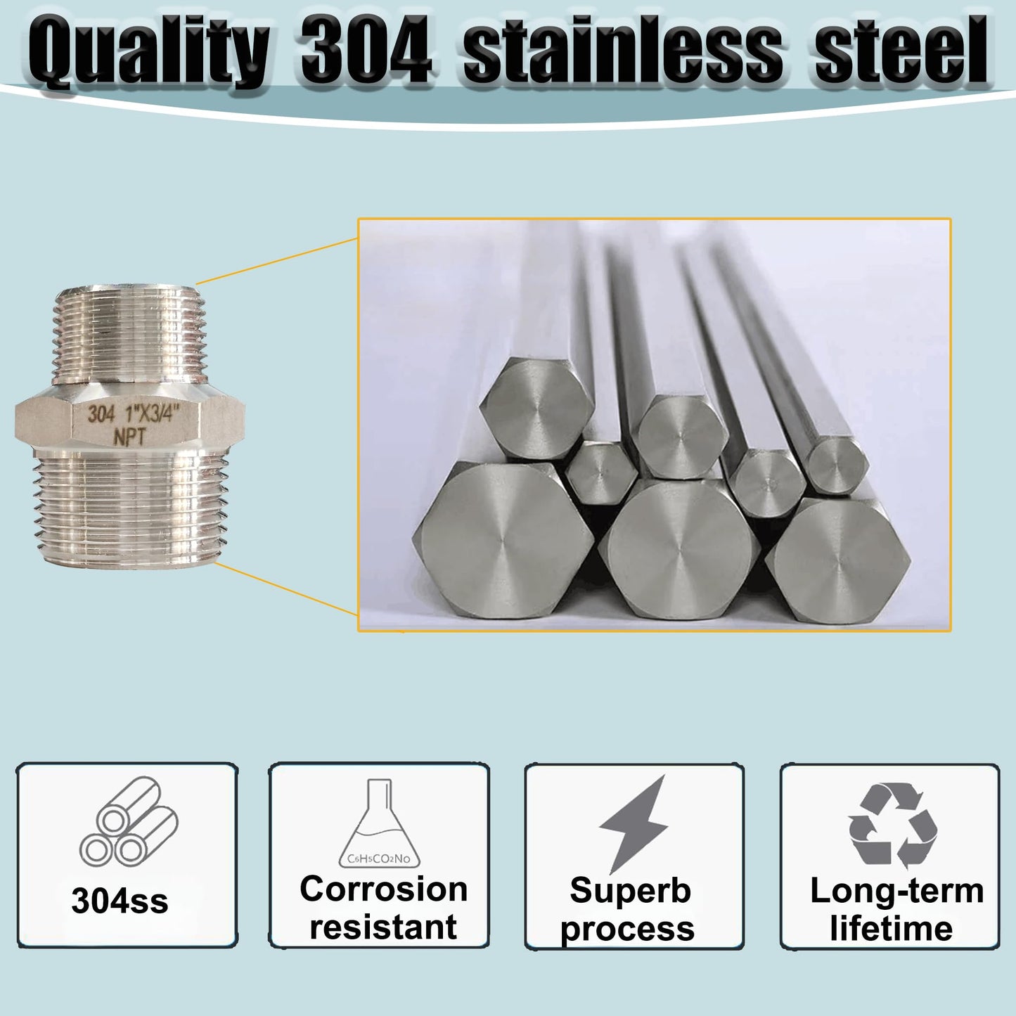 304 Stainless Steel Hex Nipple Reducer, 3/4" x 1/2" NPT Male Threaded Reducing Nipple Pipe Fitting Adapter, 2000psi Heavy Duty Reducer Straight Connector (3/4"- 1/2")