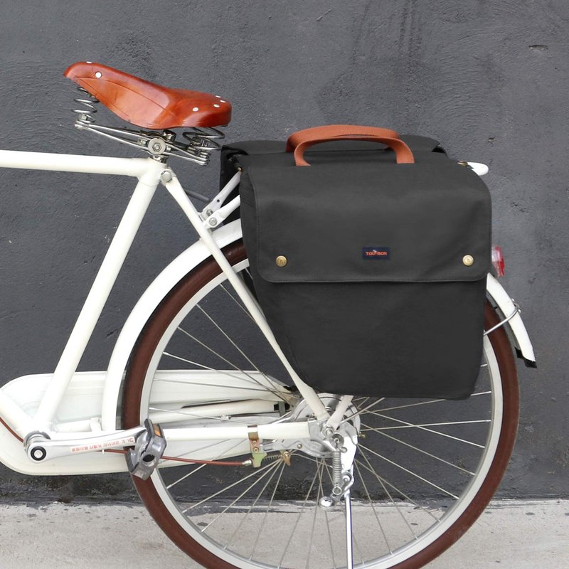 TOURBON Double Cycling Bike Bicycle Pannier Bags for Rear Rack (Water-resistant Canvas, Roll-up) (Black)