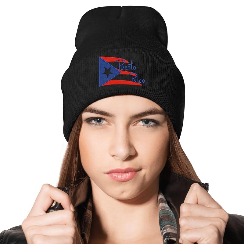 Yuawoi Puerto Rico Flag Embroidered Winter Beanie, Casual Stretch Knit Skull Cap Black