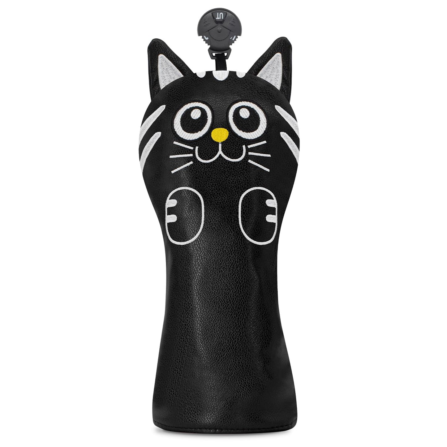 Golf Kitty Head Cover Golf Club Black Leather Headcovers Set Fits Driver Fairway Wood Hybrid Utility Putter Iron Wedge Headcover.