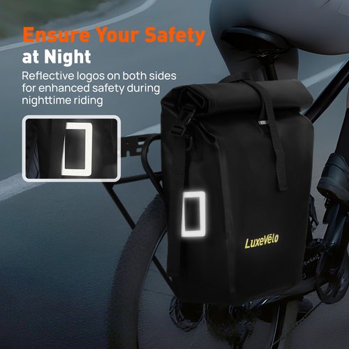 LUXECYCLES Bike Pannier Bag 27L Waterproof Bicycle Rear Rack Bag, Large Capacity Expandable Cargo Rack Bag with Reflective Strips, Adjustable Buckles for Cycling Traveling Commuting