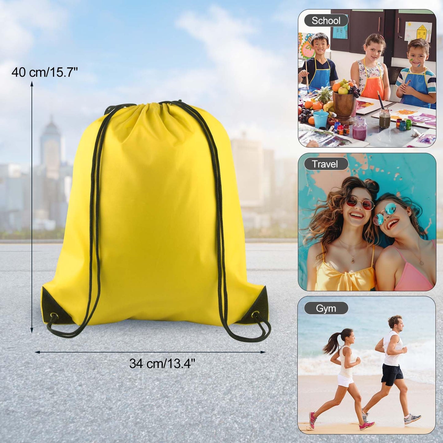 PLULON 2Pcs Drawstring Bags Bulk, Drawstring Backpack Black Yellow String Backpack Cinch Sack Sport Gym Backpack Bags for Yoga Traveling Outdoor Sports