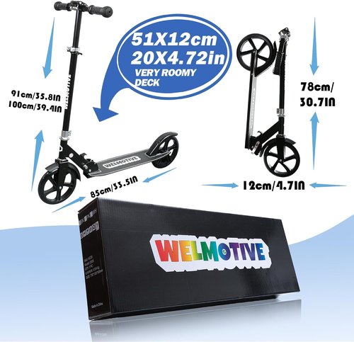 Kick Scooter - Adjustable Handlebars & Rear Brake | Big Wheel Foldable for Kids 6+ & Teens