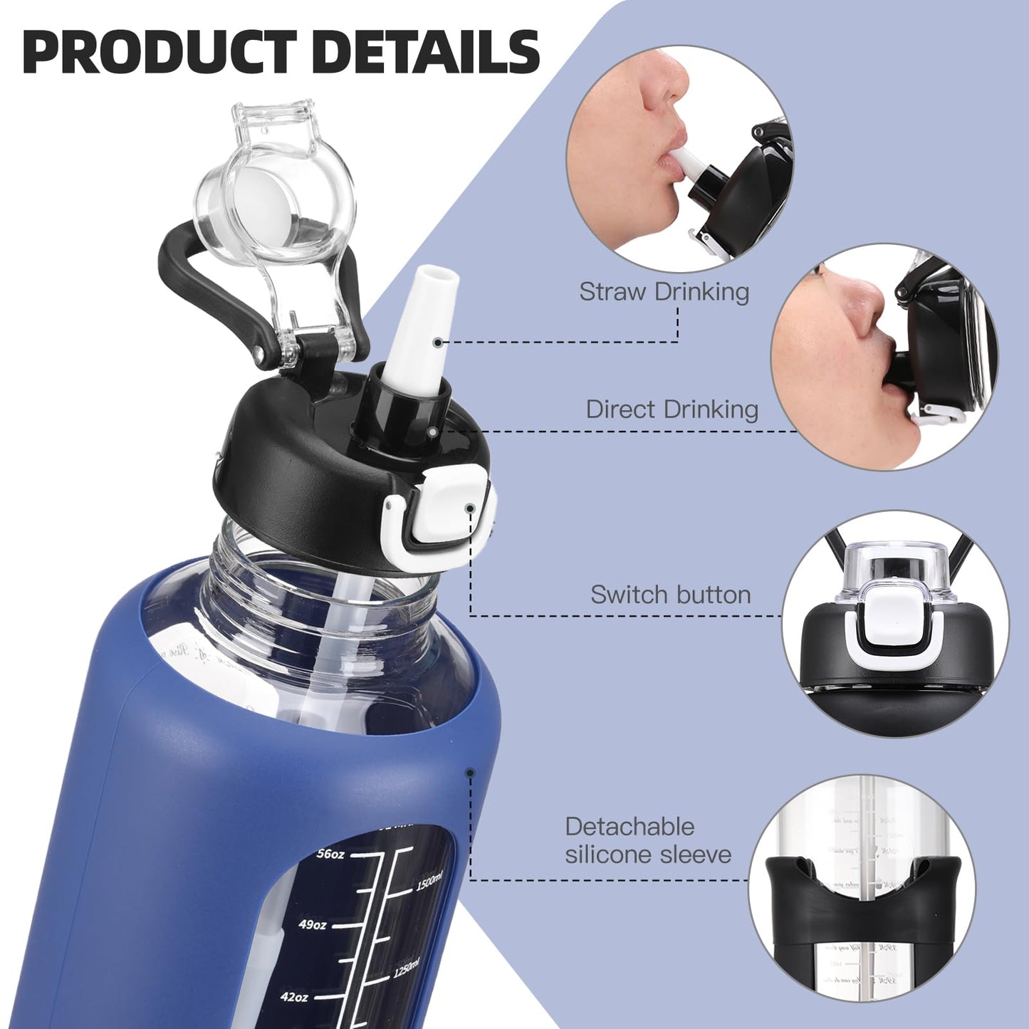 chunmo 64 oz Glass Water Bolttles with Straw Half Gallon Large Motivational Water Bottle with Time Marker Sports Water Bottles with Silicone Sleeve and Handle Lid Water Jug for Gym Workout