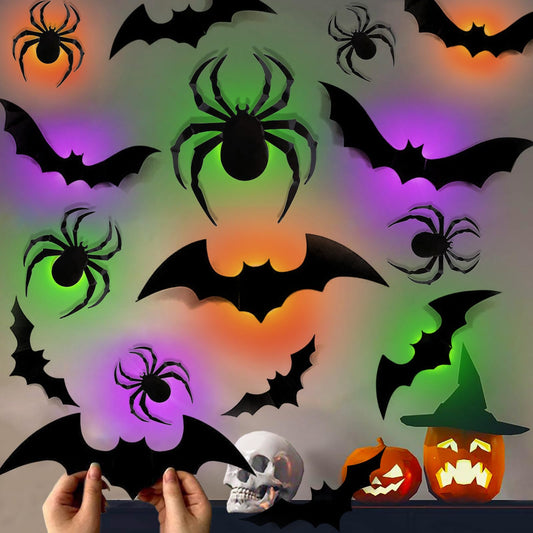 36 Pcs Halloween Wall Decor 3D Led Bats Spiders Wall Stickers Removable Light Up Spiders Bats Decals for Indoor Outdoor Window Door Halloween Party Decorations