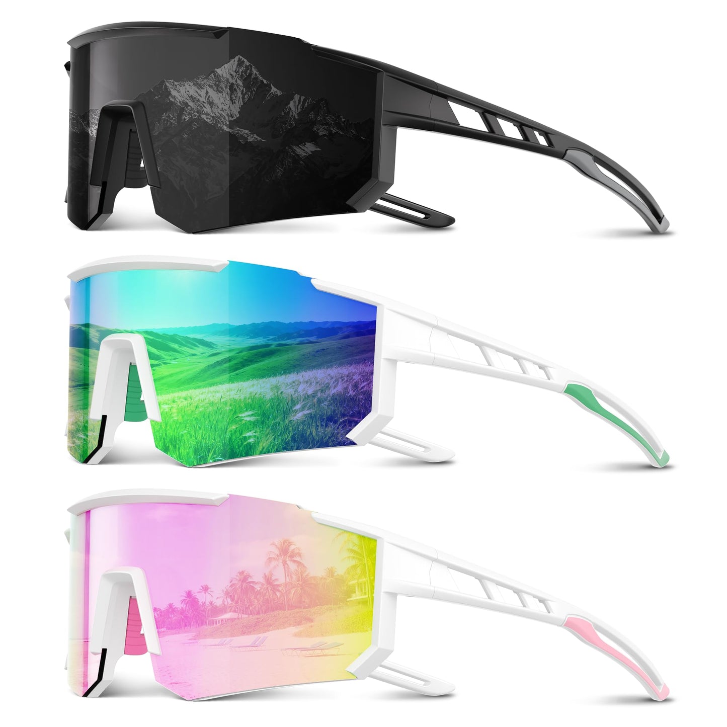Foliful 3 Pack Polarized Sports Sunglasses Men Women, Running Mens Sunglasses UV Protection for Baseball Cycling Fishing, Grey/Pink/Green