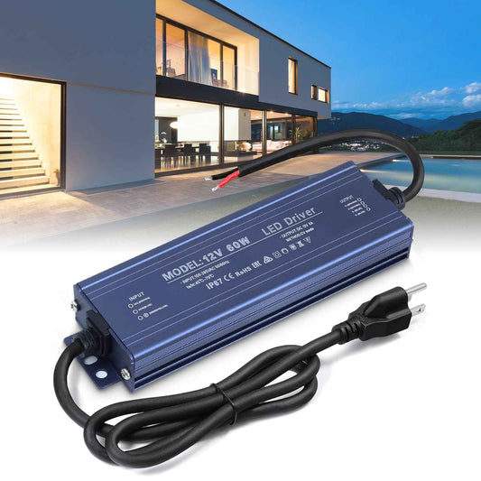 LED Driver 12V, BRIMETI LED Power Supply 60W Waterproof IP67 Transformer Adapter 110V AC to 12V DC Converter Low Voltage Output with 3-Prong Plug 3.3 Feet Cable for Outdoor LED Light Strip, 5 Amp