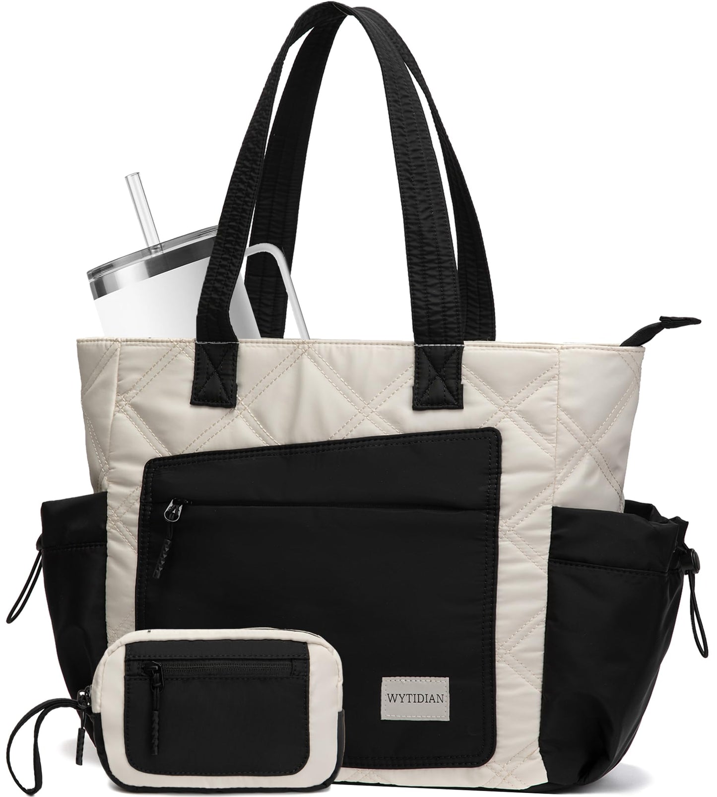 Wytidian 2PCS Women Tote Bag, Puffer Lightweight Shoulder Bags, Quilted Nurse Totes with Zipper for Work, Traveling, College (White-black)