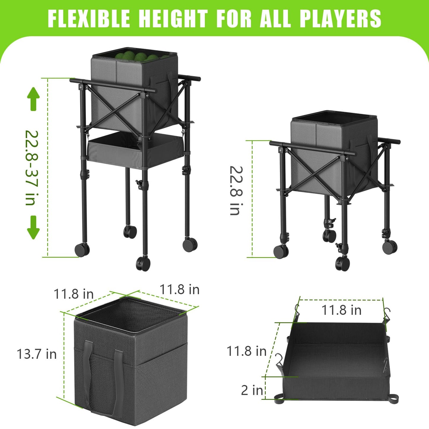 wasoyun Tennis Ball Hopper with Wheels - Height Adjustable Foldable Tennis Ball Basket with Storage Bag Ball Candy for 150 Pickleball & Tennis