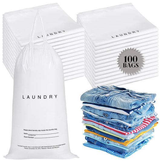 Wowangce 100 Pack Hotel Laundry Bags Bulk 1.38 Mil 14" x 24" Laundry Plastic with Drawstring Closure Writing Strips Patient Personal Belongings Dirty Clothes Bag for Factory Travel Hospital