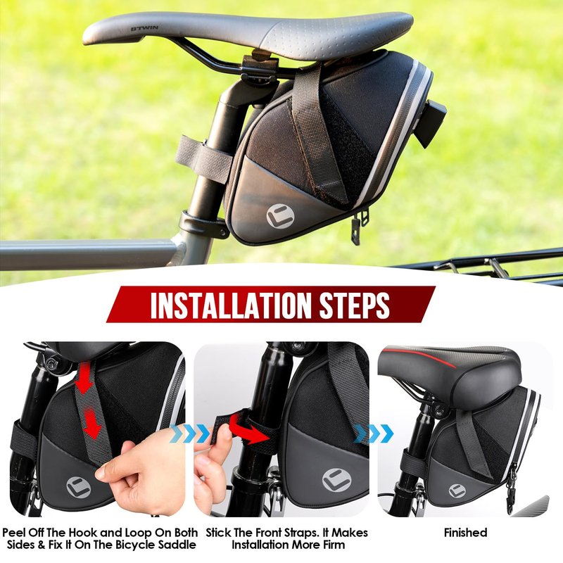 WOTOW Bike Saddle Bag - Waterproof Strap-on Bike Seat Bag - Reflective Bicycle Under Seat Storage Pouch for Road Mountain Bike Cycling Travel