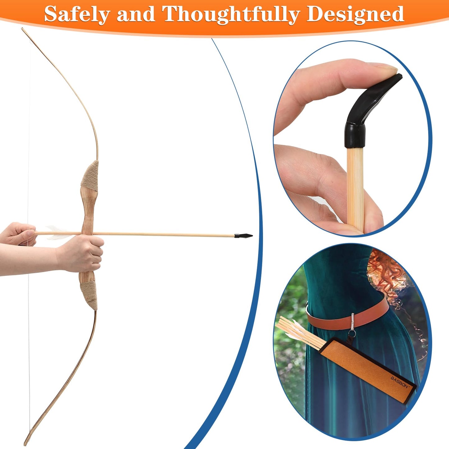 Youth Archery Bow and Arrow Set for Kids, 40" Handmade Wooden Bow and Arrow Prop Costume Cosplay Games Toys, Archery Set with 1 Bows 1 Quivers 5 Feather Arrows, Gifts for Kids Youth Adult Boys Girls