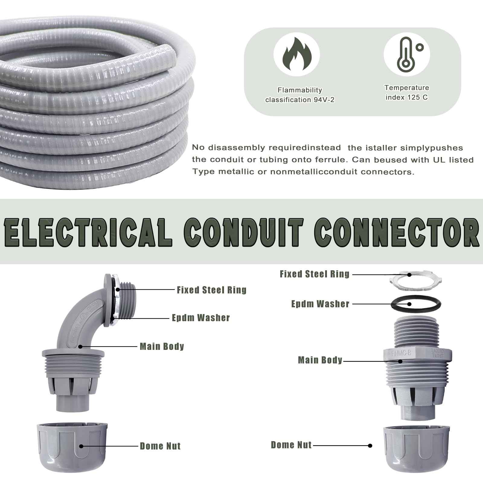 Feotech 1 Inch 5 FT Non Metallic Liquid-Tight Conduit and Connector Kit - Includes 1 Straight and 1 Angle Fittings for Electrical Wiring