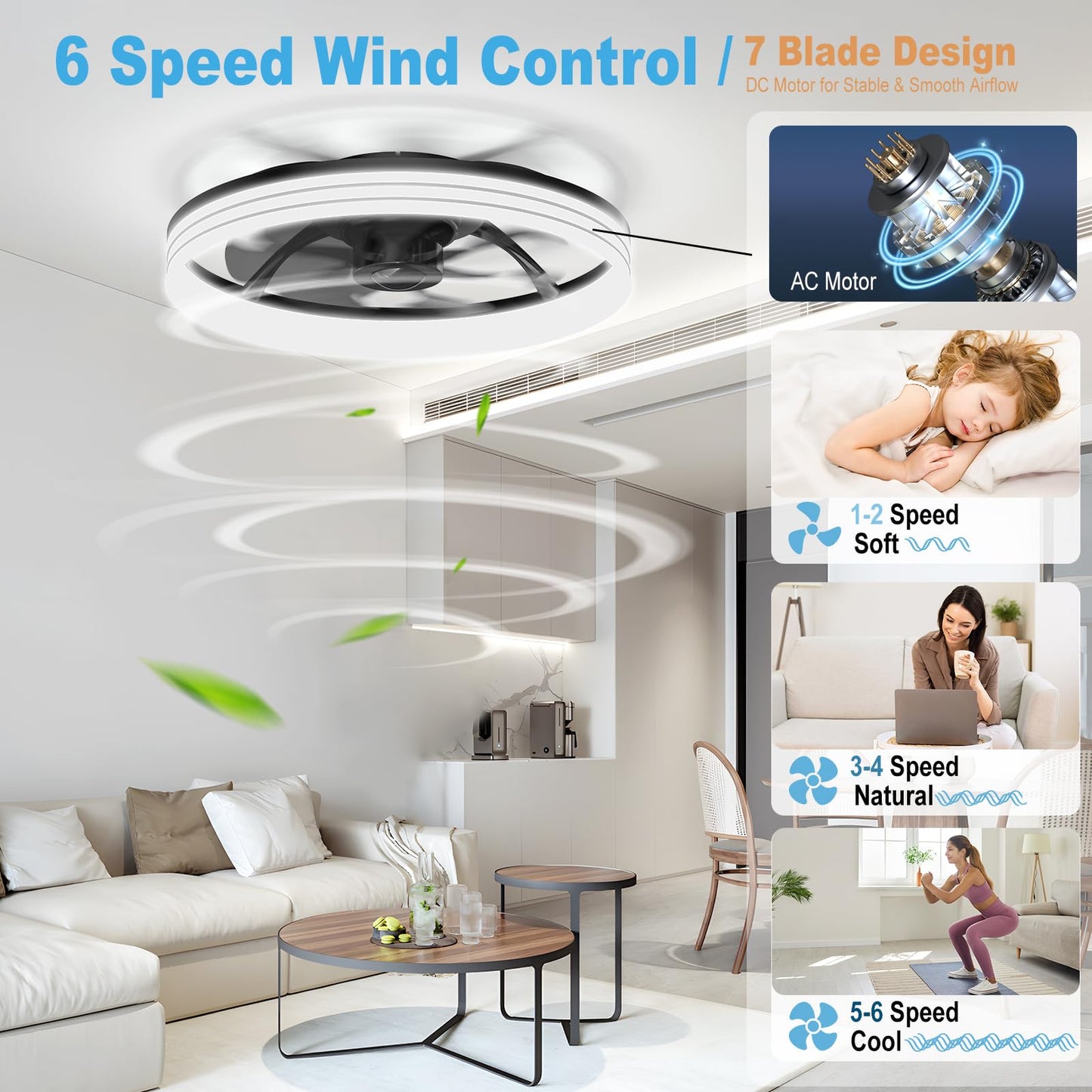 AIKVSXER Ceiling Fan with Light,20" Flush Mount Ceiling Fan,6 Speeds,3000-6500K Dimmable LED, App & Remote Control, Quiet DC Motor, for Bedroom, Living Room Modern Ceiling Fans with Lights(Black)