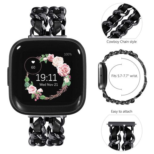 NewWays Compatible Fitbit Versa 2 Bands for Women, Dressy Bracelet with Black Leather