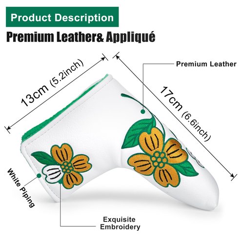 Golf Blade Putter Cover, Flower Elegant Embroidery Premium Leather Golf Blade Putter Headcover Putter Head Covers Fits Most Blade Putter
