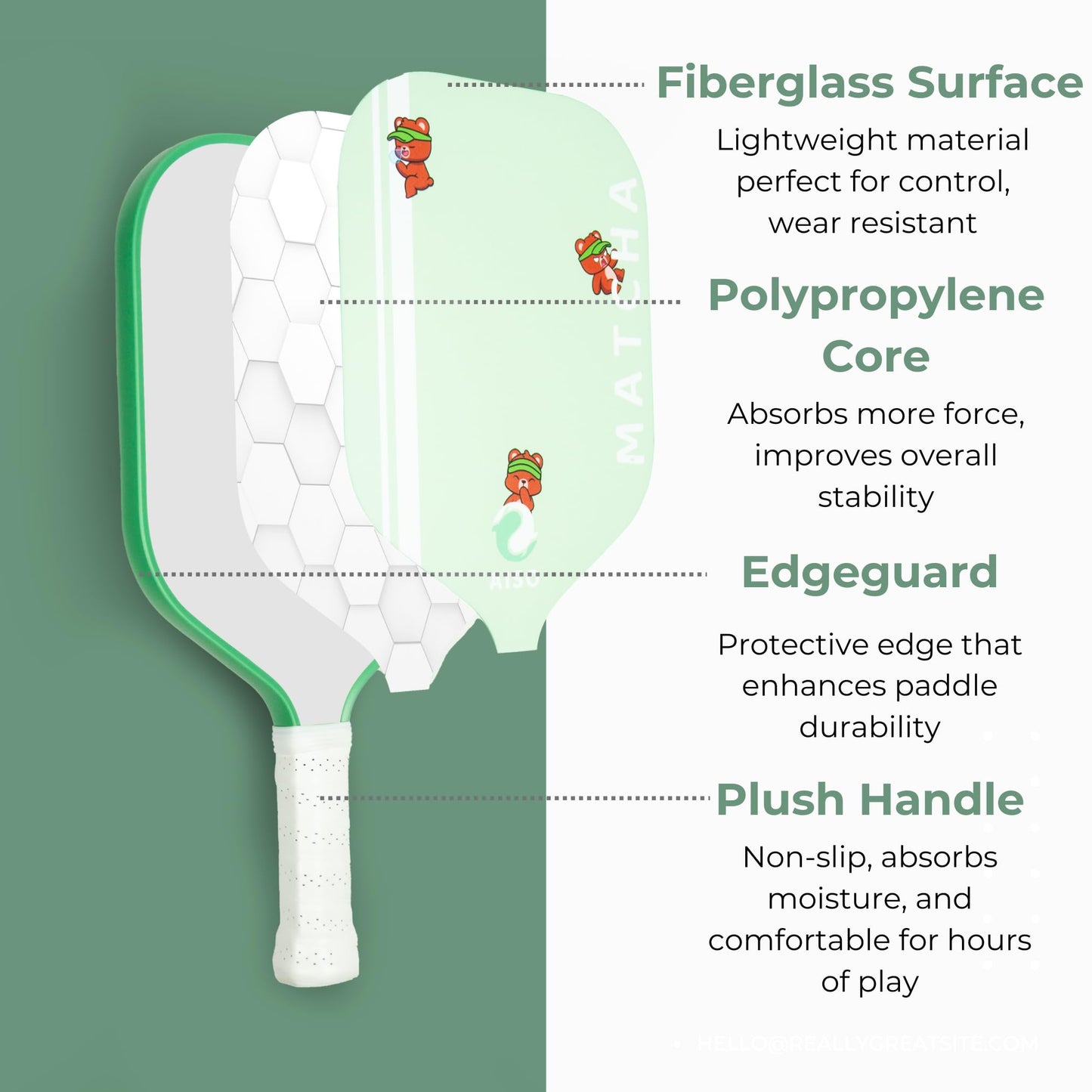 Aiso Matcha | Cute Pickleball Paddles Set of 2 | Premium Starter Set for Beginners with 4 Pickleballs and Portable Carry Bag | Lightweight & Durable Fiberglass with PP Honeycomb Core