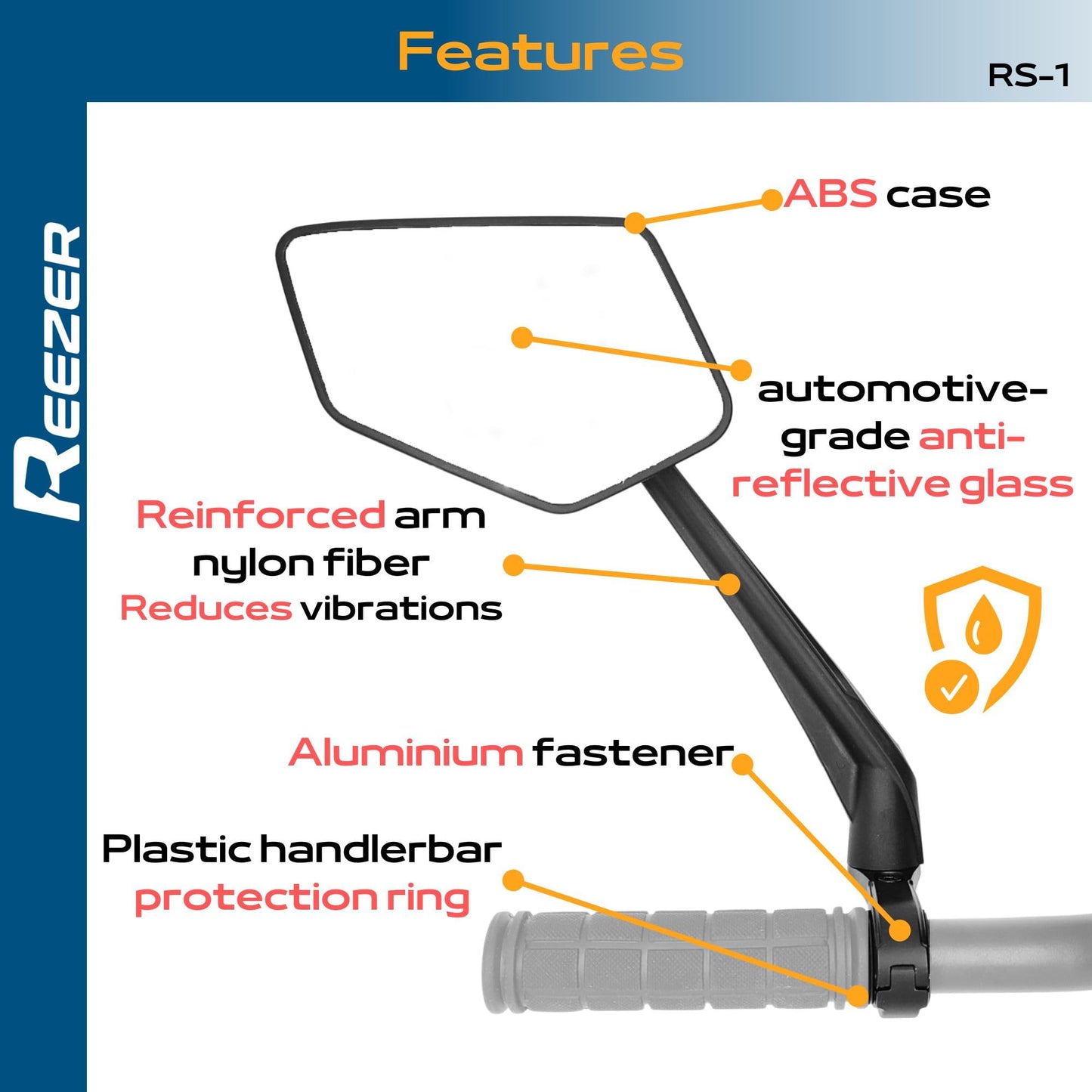 REEZER RS1 - Handlebar Bike mirror, 360° rotatable & foldable, large field of vision, Bicycle rearview mirrors, 0,86" to 1", Reflective - LEFT