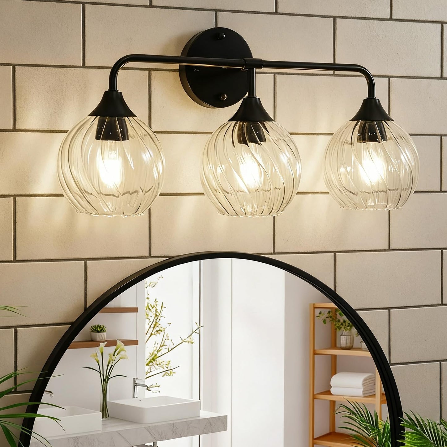 ANDY STAR 3-Light Matte Black Bathroom Vanity Light, 22” Modern Wall Sconce with Clear Spiral Glass Shades, Anti-Rust Metal Lighting Fixture for Bathroom Mirror, Powder Room, E26 Base