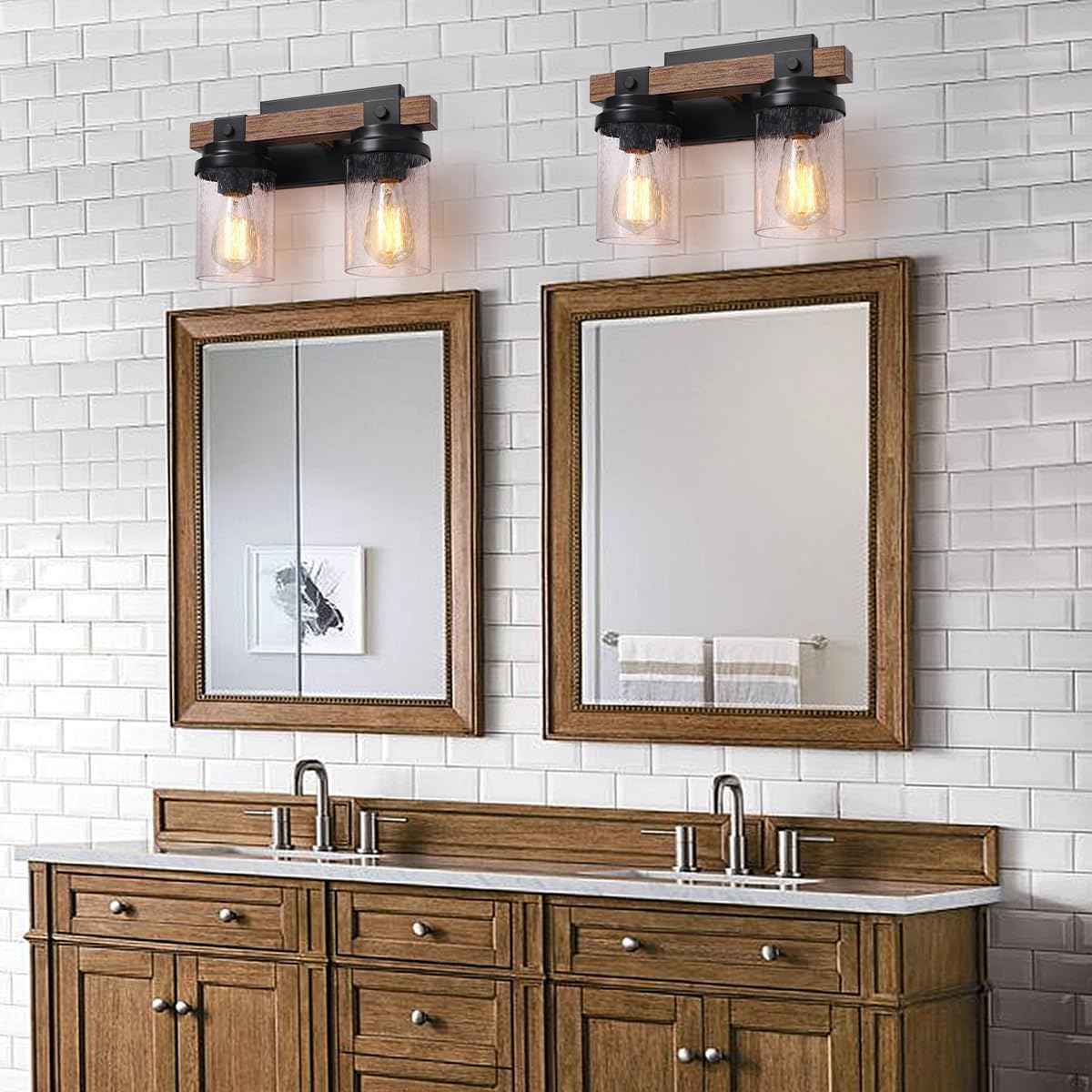 Farmhouse 2-Light Vanity Lights for Bathroom - Rustic Black Wood & Glass Sconces