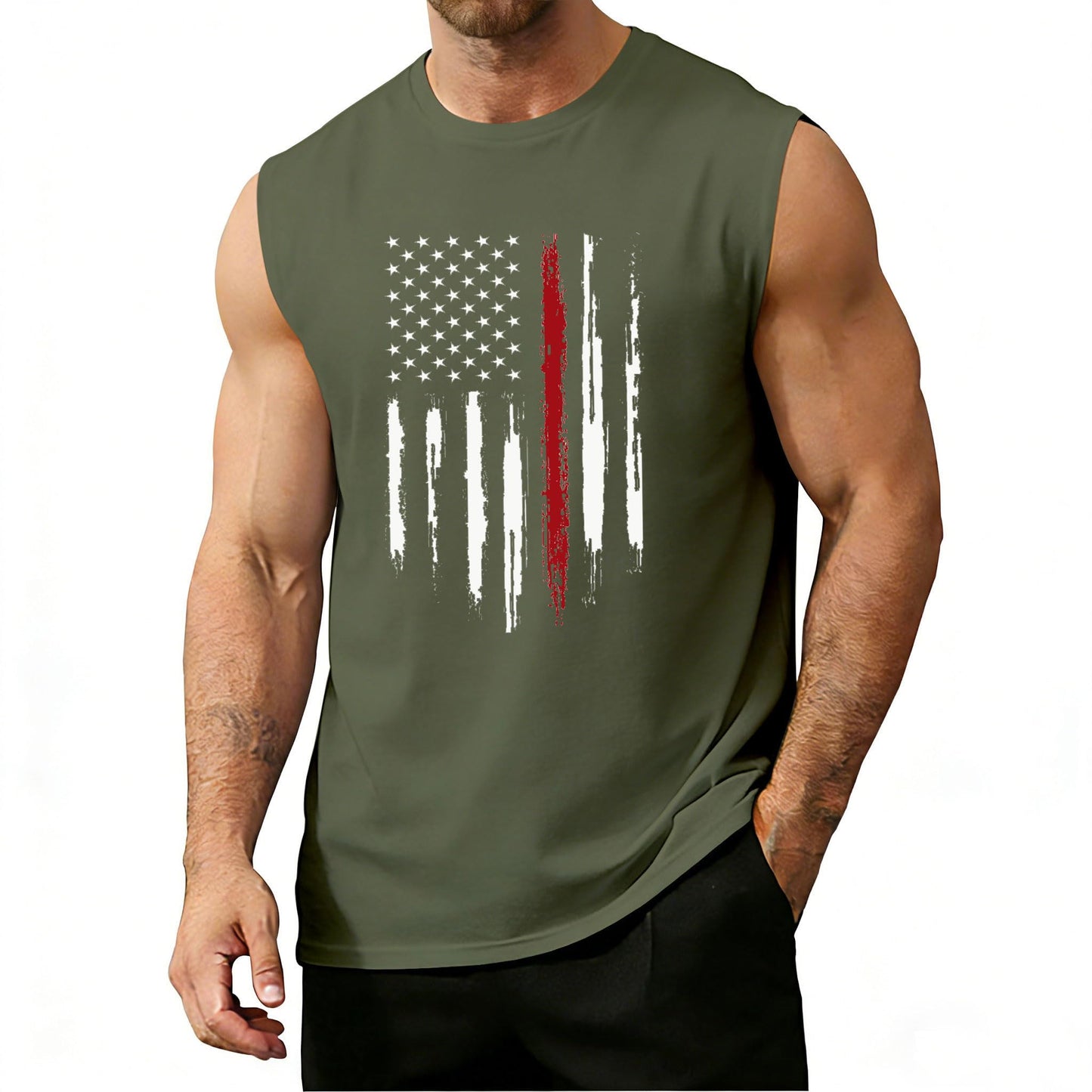CUIFUTANG Men American Flag Tank Top Sleeveless Graphic Muscle Tee Gym Workout USA Sleeveless Tee Shirts - Green-XXL