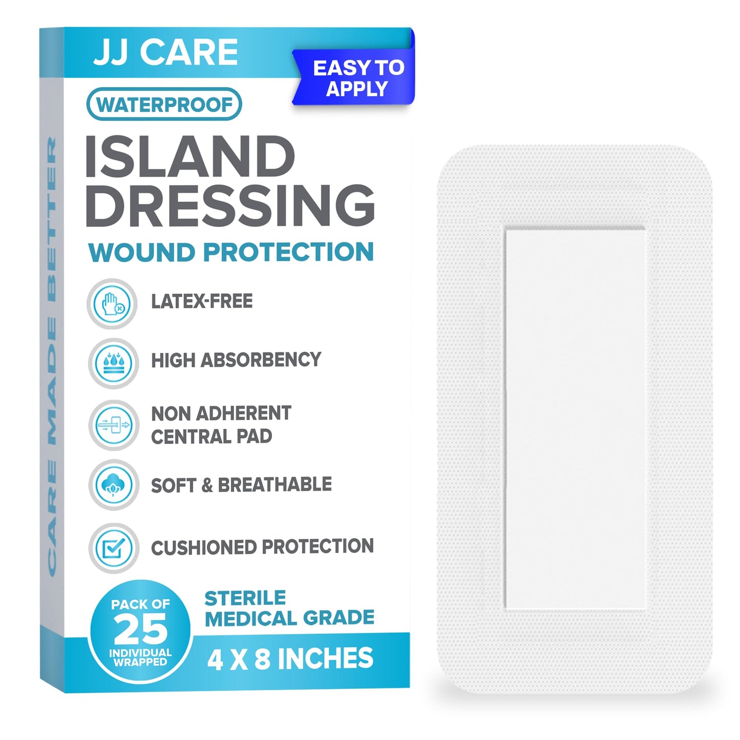 JJ CARE Waterproof Adhesive Island Dressing [Pack of 25], 4” x 8” Sterile Bordered Gauze, Breathable Island Wound Dressing, Individually Wrapped Adhesive Gauze Bandages with Non-Stick Central Pad