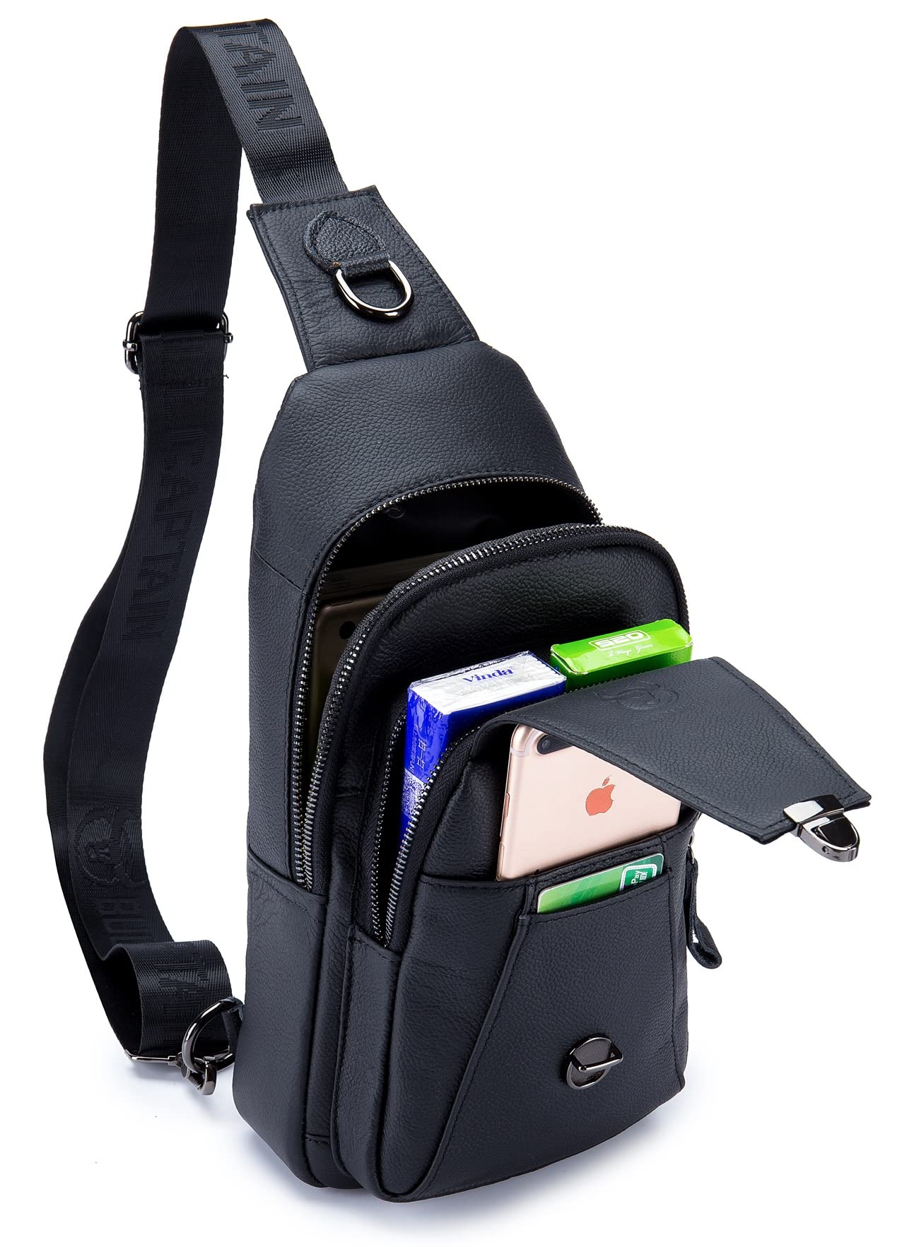 BULLCAPTAIN Leather Sling Bag for Men Multi-pocket Crossbody Chest Bag Travel Casual Shoulder Backpack (Black)