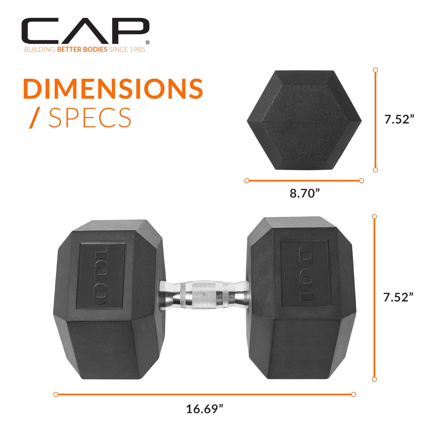CAP 100 LB Rubber Coated Hex Dumbbell Weight, Rubber Free Weights for Home Gym Strength Training, Chrome Handle, Pair