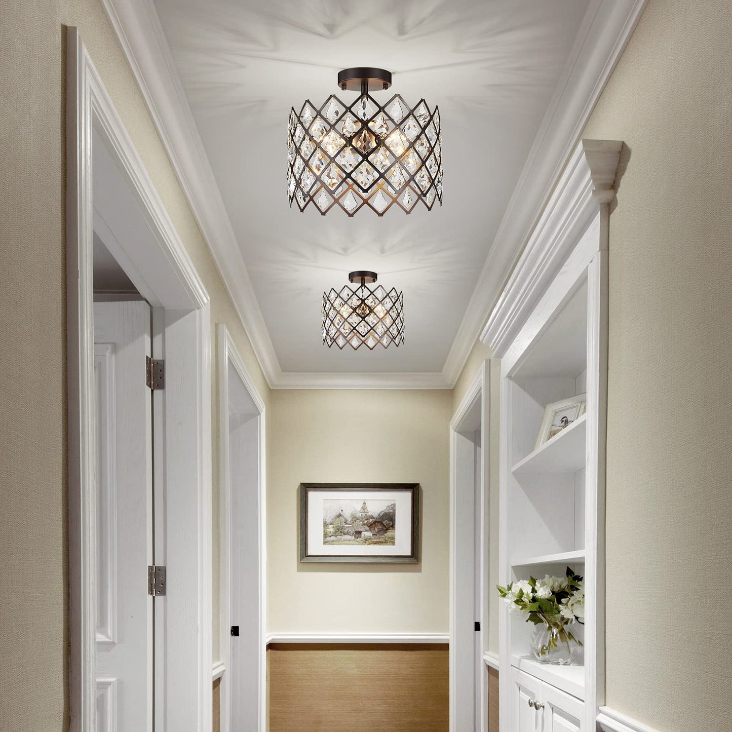 WUZUPS Crystal Chandelier 3-Light Semi-Flushmount Ceiling Light Modern Lighting Fixture for Bedroom Storageroom Hallway Bar Kitchen Dinning Living Room Bathroom, 13.4" Wide 11" High, Oil Rubbed Bronze