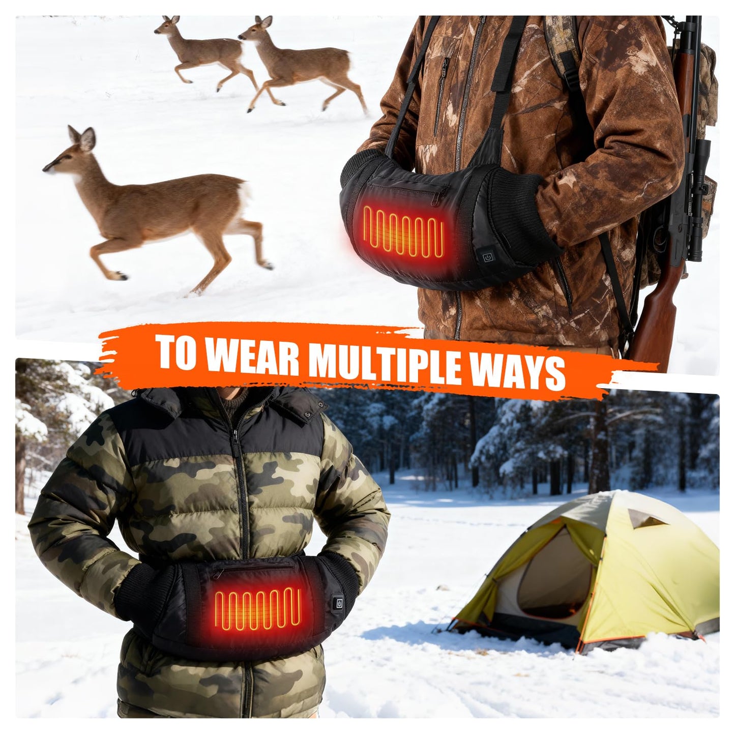 Heated Hand Warmers Pouch Electric Heated Hand Muff with 3-Level Heat Setting, Adjustable Strap, 2 Pocket, and USB Plug Hand Warmer Pouch for Hunting, Football, Golf, Fishing, Camping(No Power Bank)