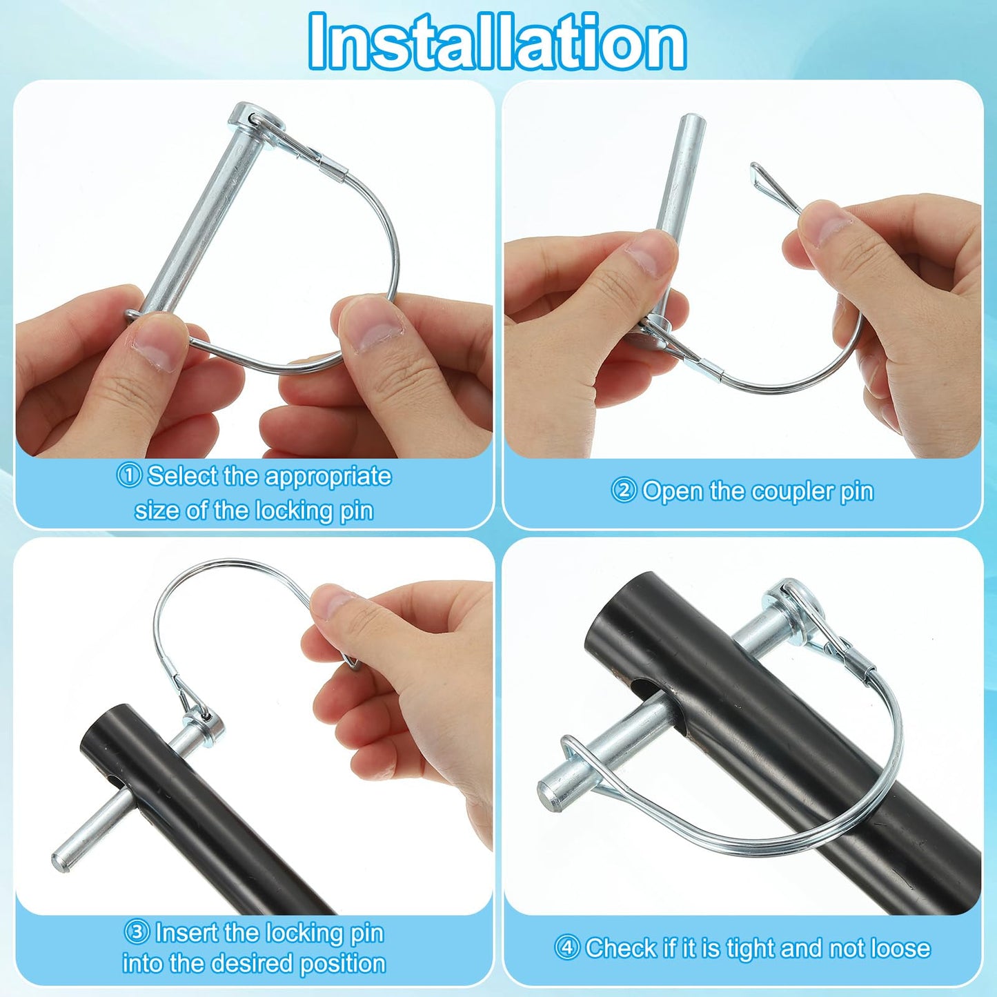 PATIKIL Trailer Coupler Pin 3/8x2-3/8x1.97"(D*L*IW), 4 Pcs Wire Lock Pin Safety Shaft Locking Pin Round Pto Pins for Farm Trailers Lawn Hitches Garden Tractor Kayak Boat (9.2x60x50mm)