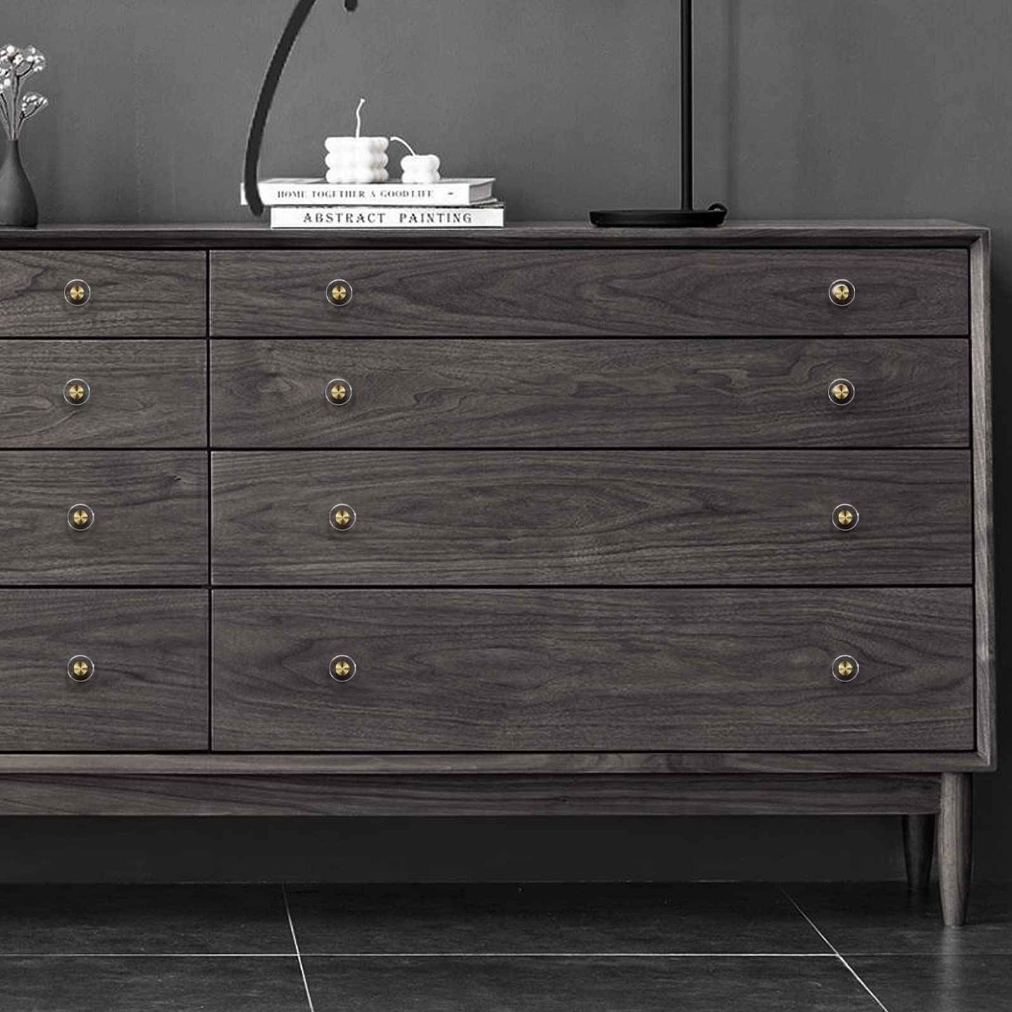 Guank 6-Pack 1-1/4-Inch White Cabinet Glass Crystal Brass knobs Brass Drawer Round Knobs Dresser Pulls, Gold Hardware Kitchen Closet knobs for Bifold Doors