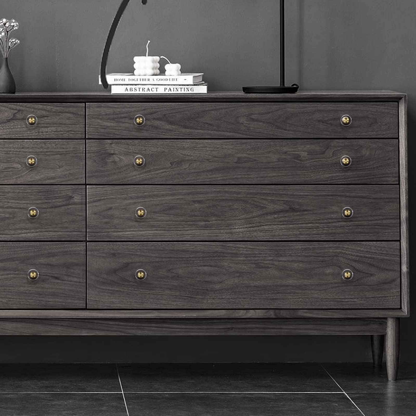 Guank 6-Pack 1-1/4-Inch White Cabinet Glass Crystal Brass knobs Brass Drawer Round Knobs Dresser Pulls, Gold Hardware Kitchen Closet knobs for Bifold Doors