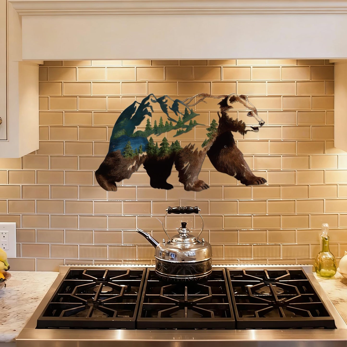 Resama Metall Bear Forest Pine Tree Wall Art Bear Peak Natural Scenery Wall Sign for Home, Wildlife Hunting Home Hanging Decorations for Living Room, Bedroom Kitchen Bathroom (Dark Brown)