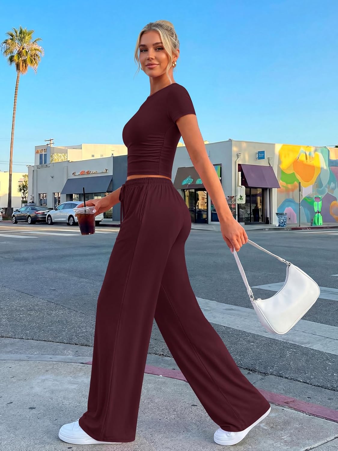 Trendy Queen 2 Piece Summer Sweatsuit - Women's Side Ruching Top & Wide Leg Pants Set with Pockets