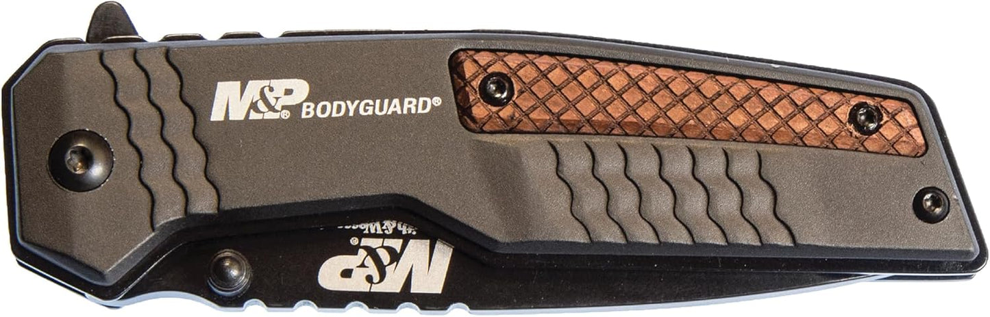 Smith & Wesson M&P Bodyguard Folding Knife - 3.5in Serrated Tanto Blade, Aluminum Handle, Black/Wood Finish