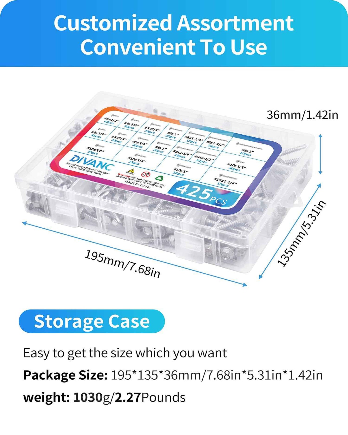 425PCS Self Tapping Screws for Metal, 410 Stainless Steel Self Drilling Screw #8#10 Phillips Wafer & Hex Washer Screws for Metals Assortment Kits, Length 1/2" 3/4" 1" 1-1/2" 2" (Silver)