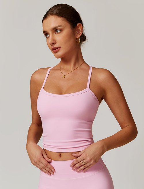 Womens Scoop Neck Longline Sports Bras Fixed Cross Back Women Workout Crop Tank Tops with Built in Bra Active Wear Athletic Work Out Gym Yoga Padded Bra Tank Top Pink M