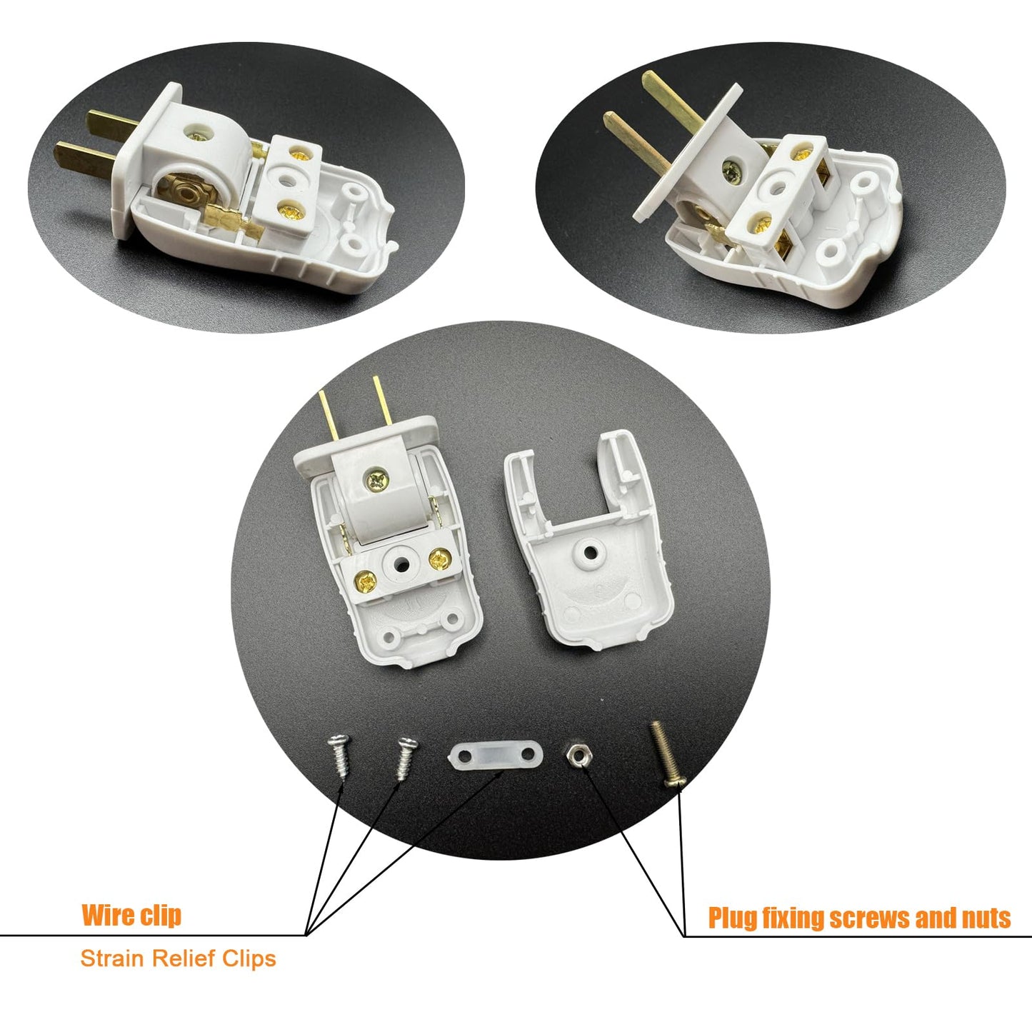 15 Amp Electrical Replacement Plug 2 Prong for Lamp, 2P 2W Straight Blade or Angle Plug, Light Duty, Non-Polarized, 125V Male Power Plug for Small Appliances, Power Strips and Lamps, 5-Pack